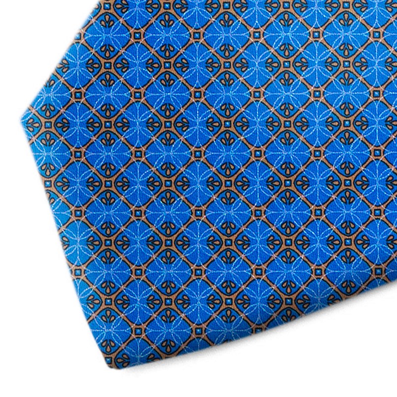 Blue and brown patterned silk tie