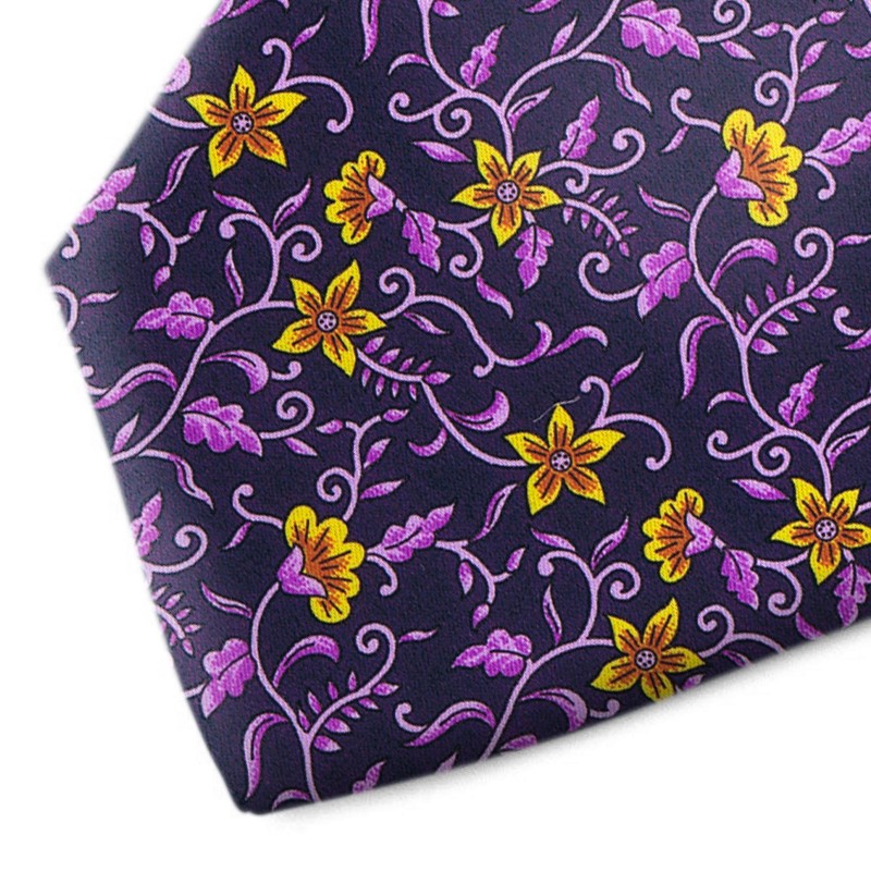 Blue and violet floral patterned silk tie