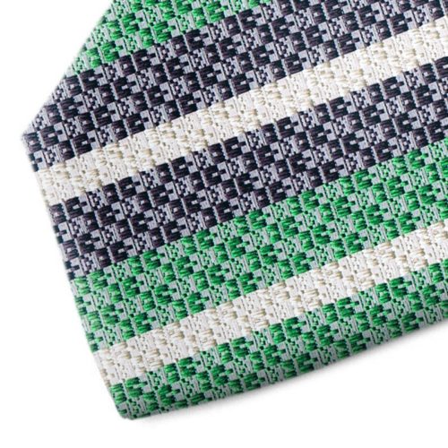 Green, black and white stripes silk tie