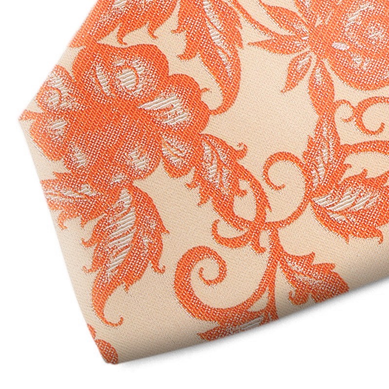 Orange and beige floral patterned silk tie