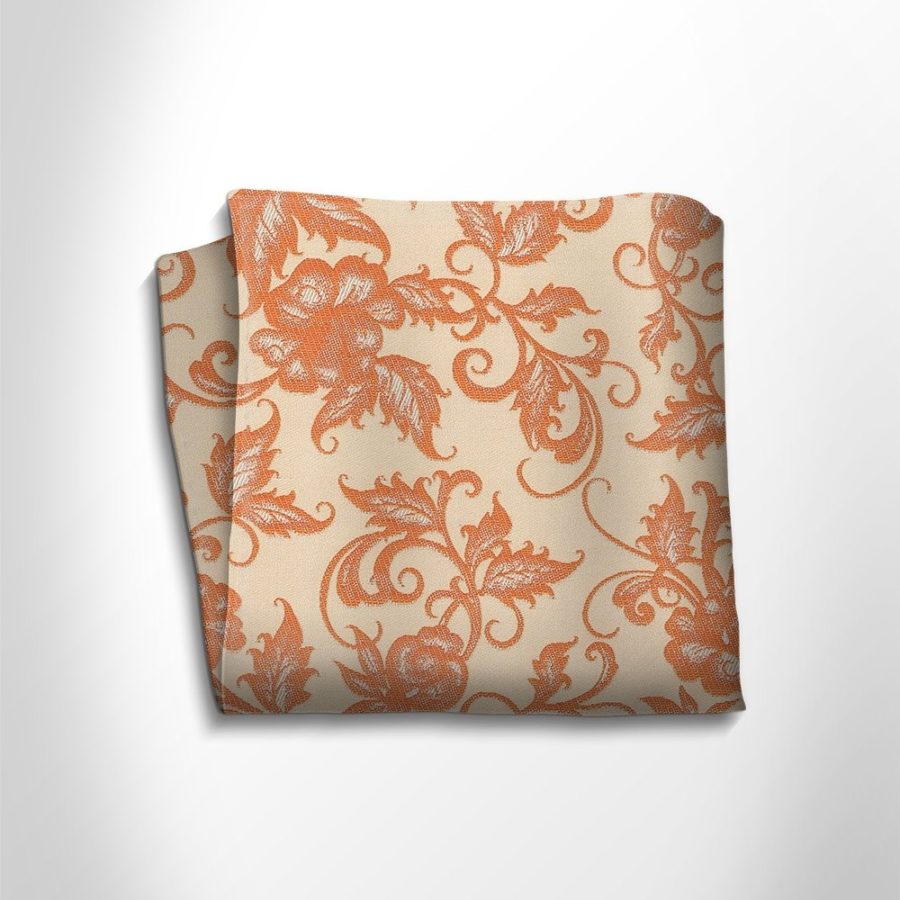 Orange and beige floral patterned silk pocket square
