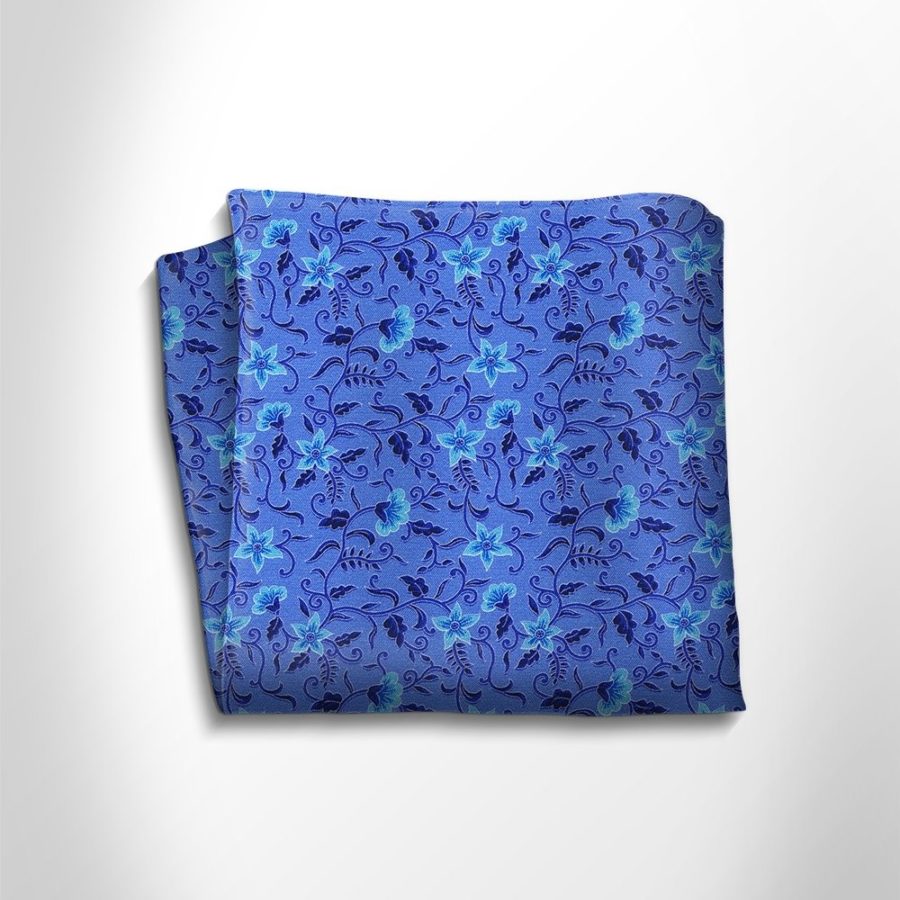 Blue and sky blue floral patterned silk pocket square