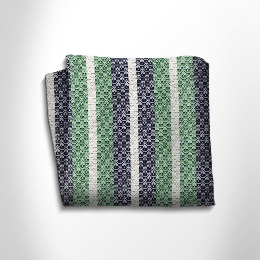 Green, black and white striped silk pocket square