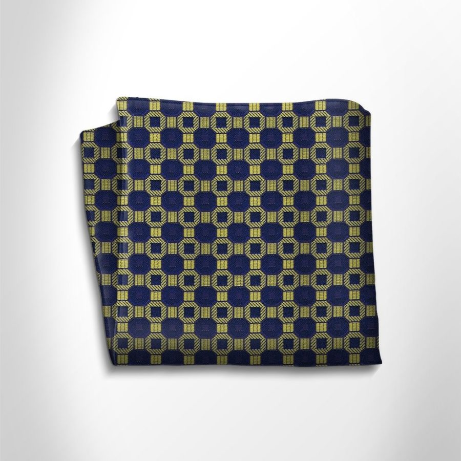 Gold and blue patterned silk pocket square