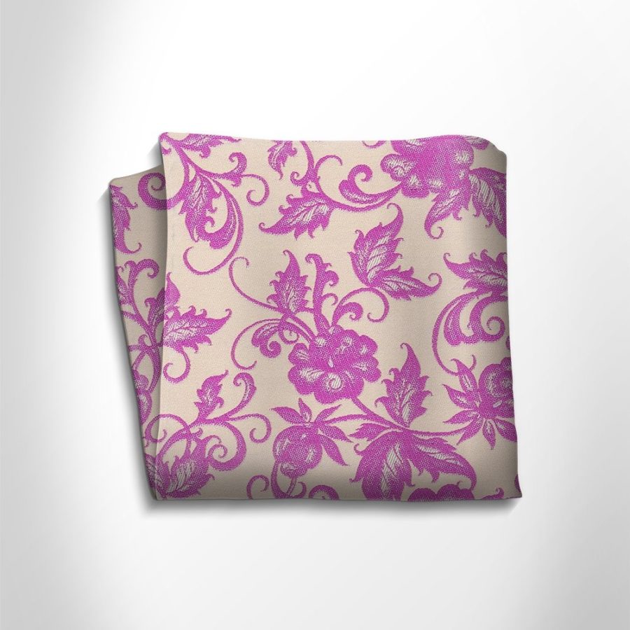 Lilac and beige floral patterned silk pocket square