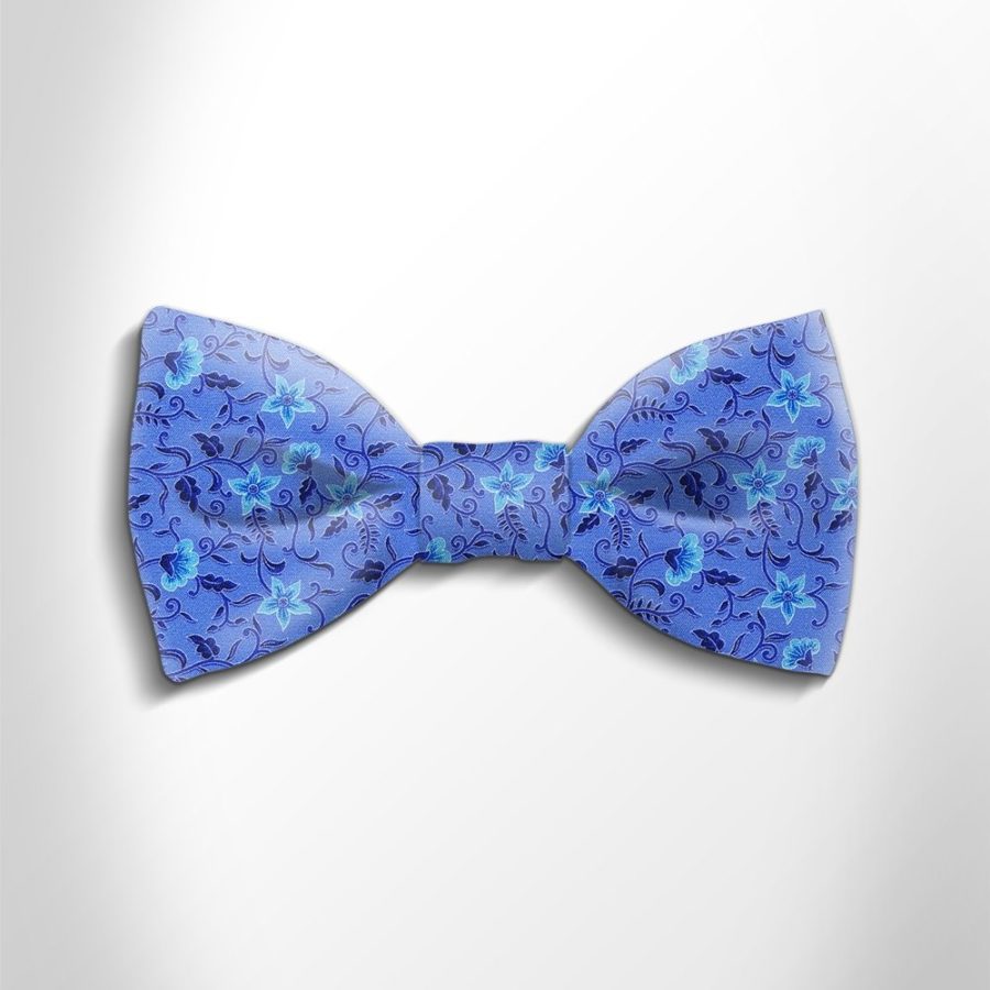Blue and sky blue floral patterned silk bow tie