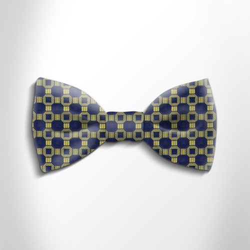 Gold and blue patterned silk bow tie