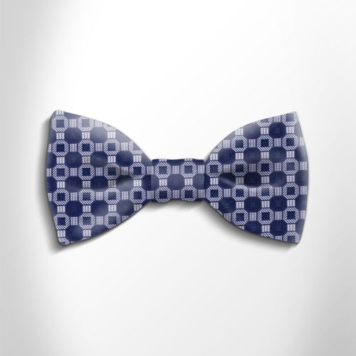 Silver and blue patterned silk bow tie