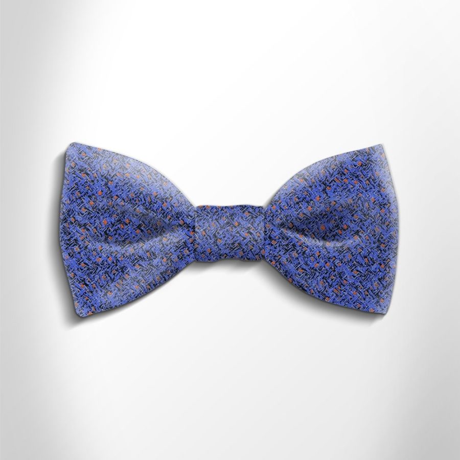 Sky blue, black and orange patterned silk bow tie