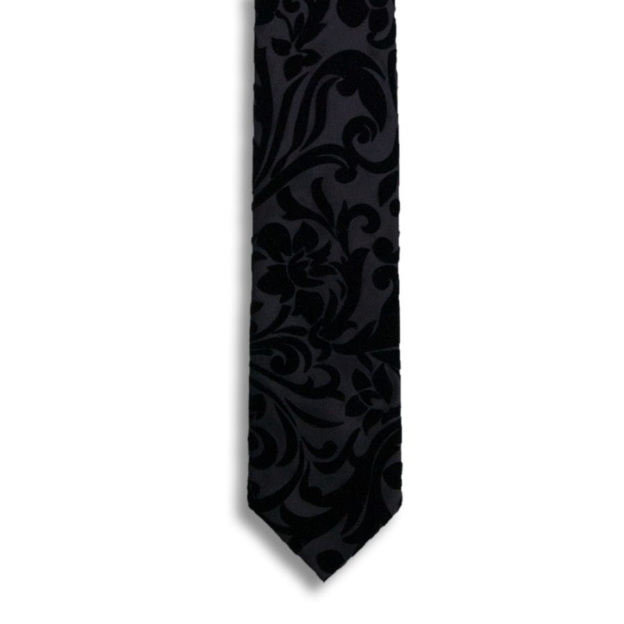 Black silk tie with black velvet ramage