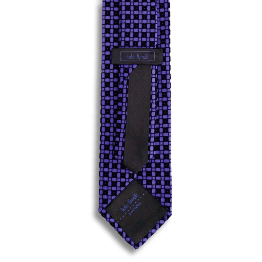 Violet silk tie with black velvet squares pattern