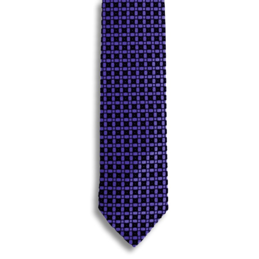 Violet silk tie with black velvet squares pattern