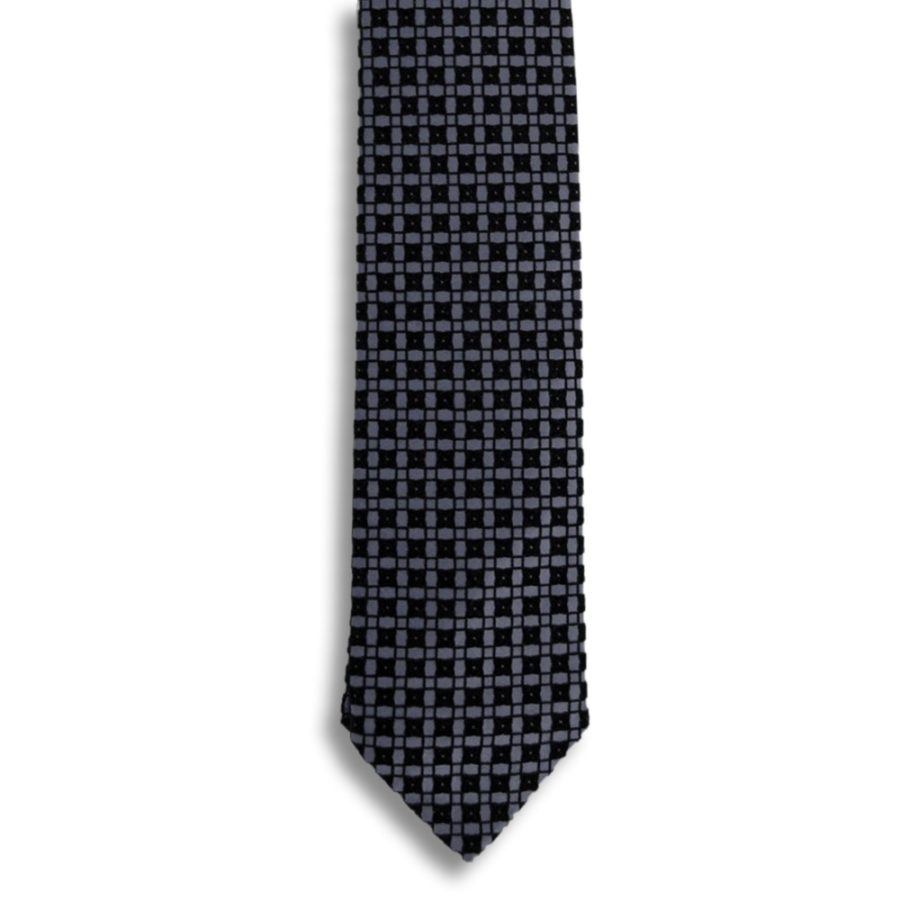 Gray silk tie with black velvet squares pattern