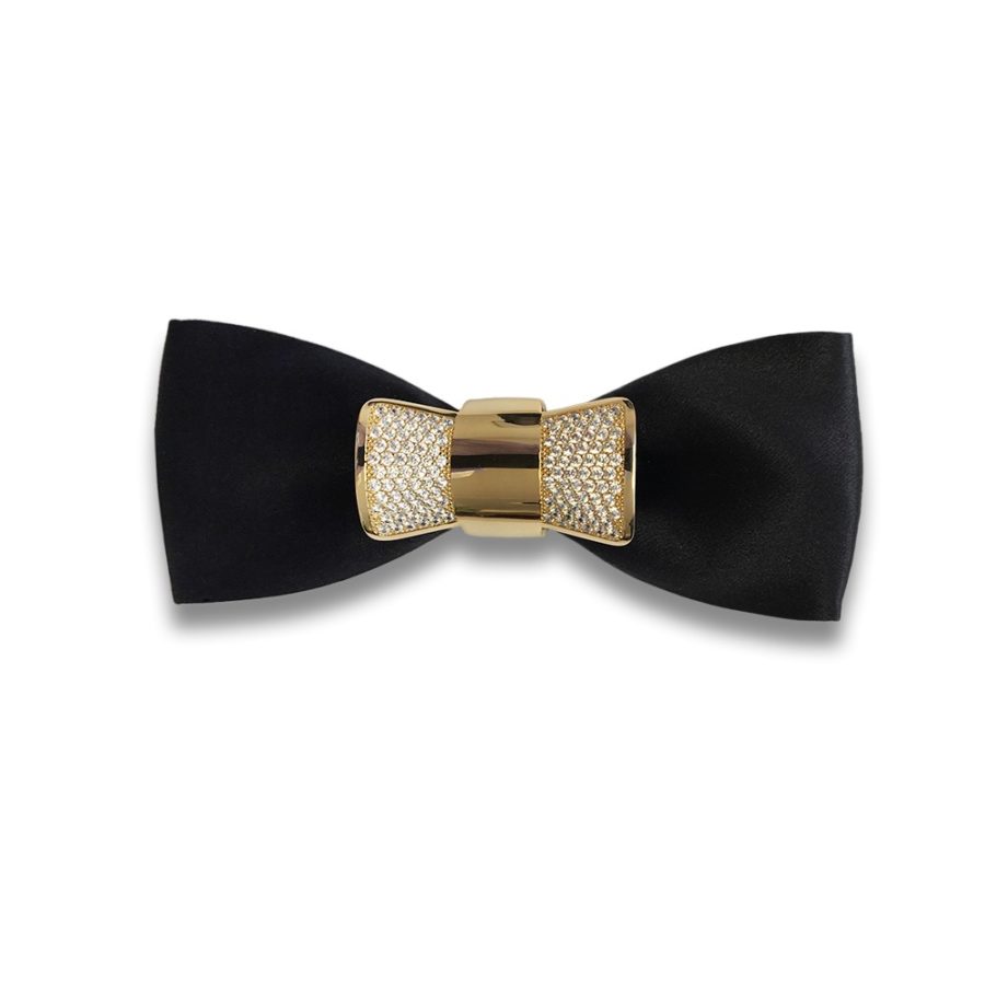 Solid black silk bow tie with golden jewel butterfly with crystals