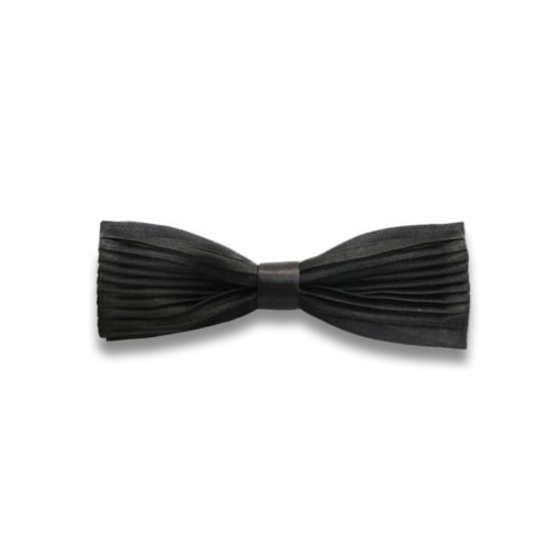 Pleated solid black silk bow tie