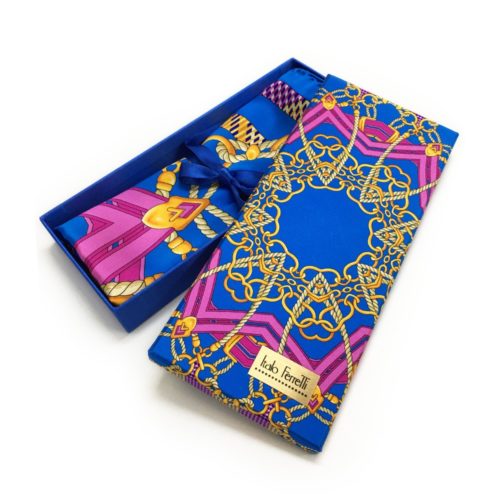 Light blue, violet and yellow patterned silk headscarf