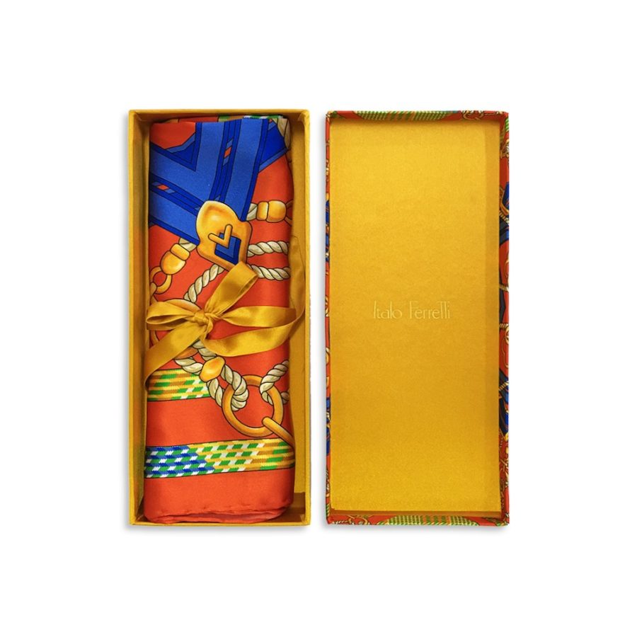 Orange, light blue, and yellow patterned silk headscarf with luxury box