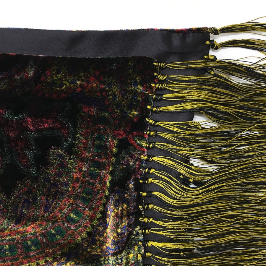 Double sided fringe scarf in dark black silk and velvet