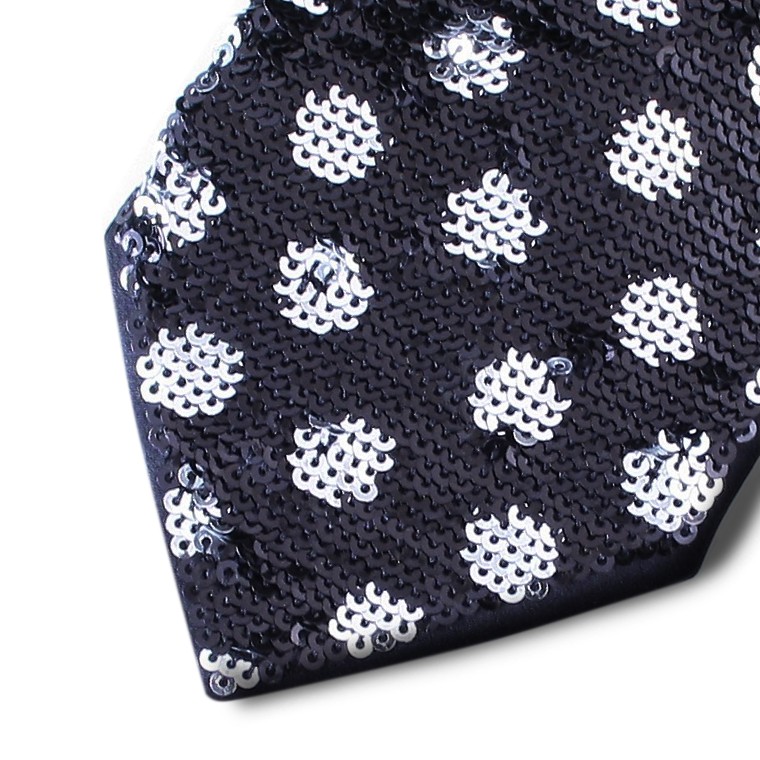 Black silk tie lined with black sequins and silver polka dots