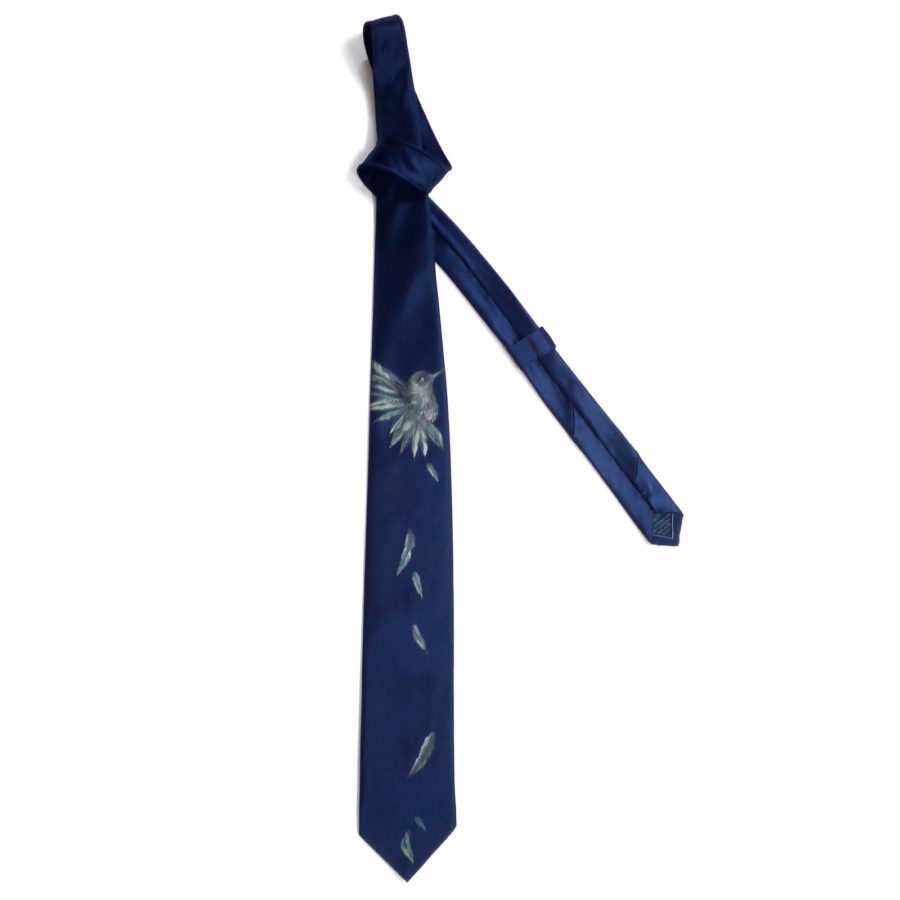 Hand painted blue silk sartorial necktie, tiger decoration