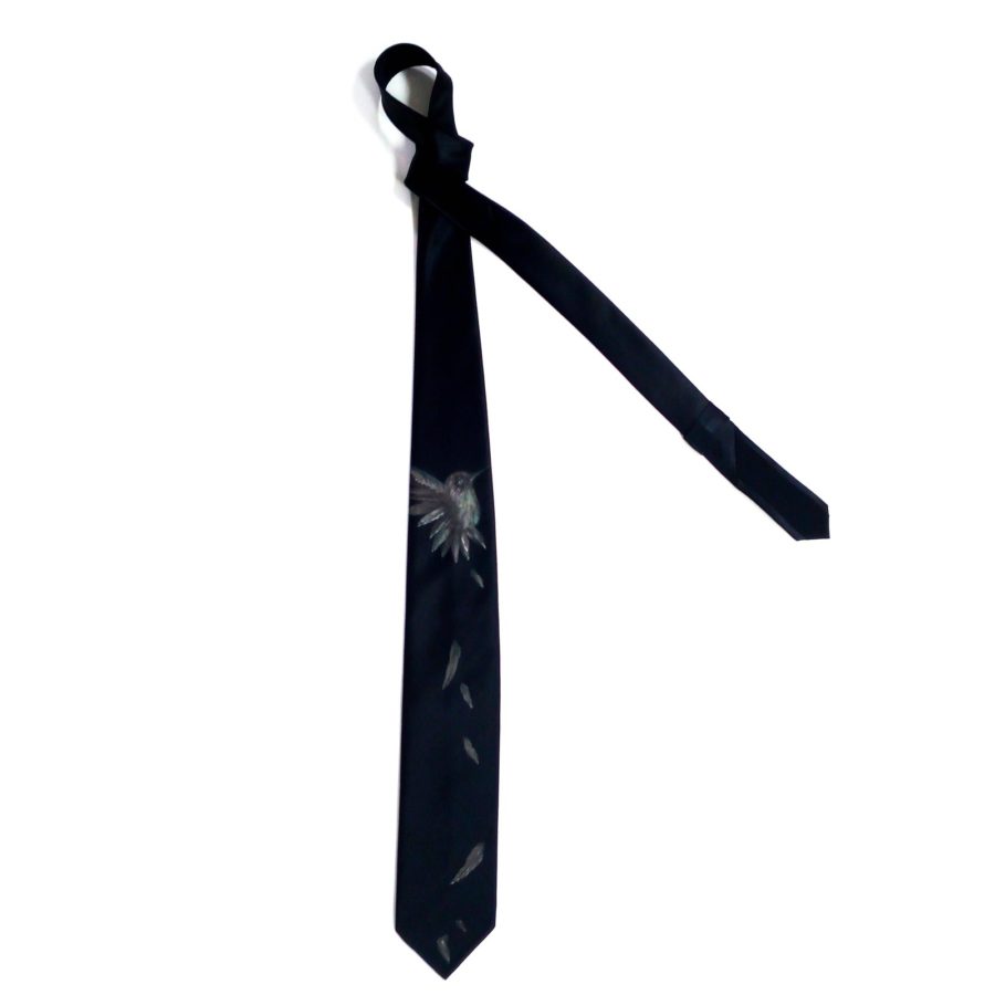 Hand painted black silk sartorial necktie, hummingbird decoration