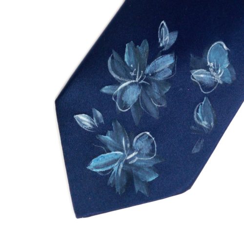 Hand painted blue silk sartorial necktie, flowers decoration