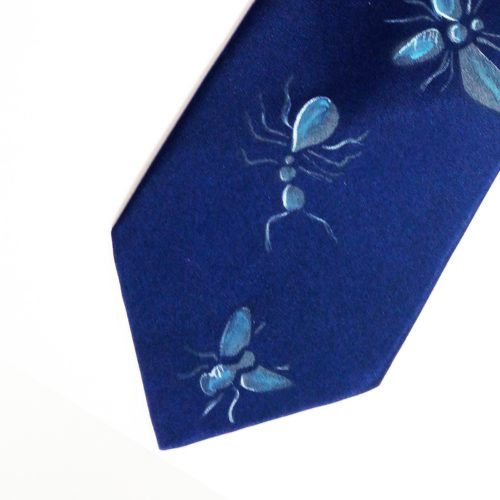 Hand painted blue silk sartorial necktie, insects decoration