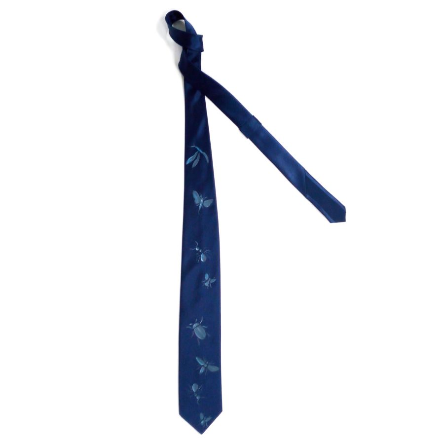 Hand painted blue silk sartorial necktie, insects decoration