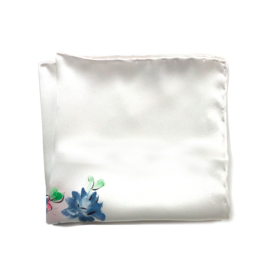 Hand painted blue silk sartorial pocket square, flowers decoration