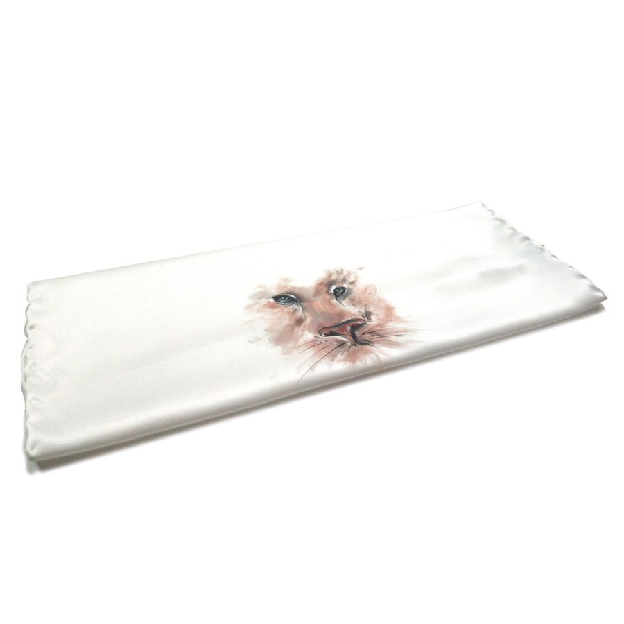 Hand painted white silk sartorial pocket square, lion decoration