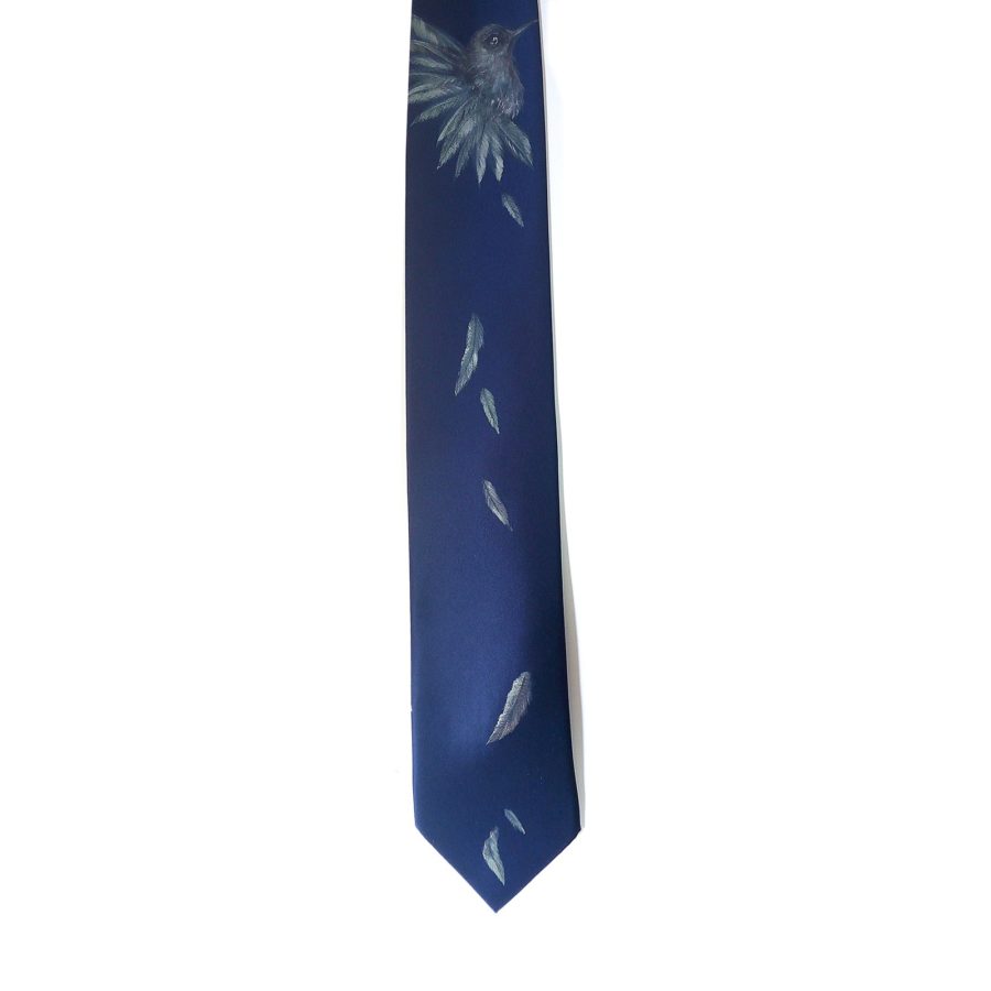 Hand painted blue silk sartorial necktie, hummingbird decoration