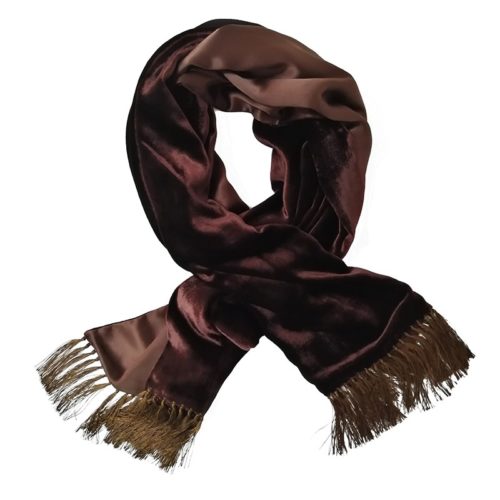 Dark brown and brown double-sided velvet and silk sartorial fringed scarf 408636-02 + 18003-05