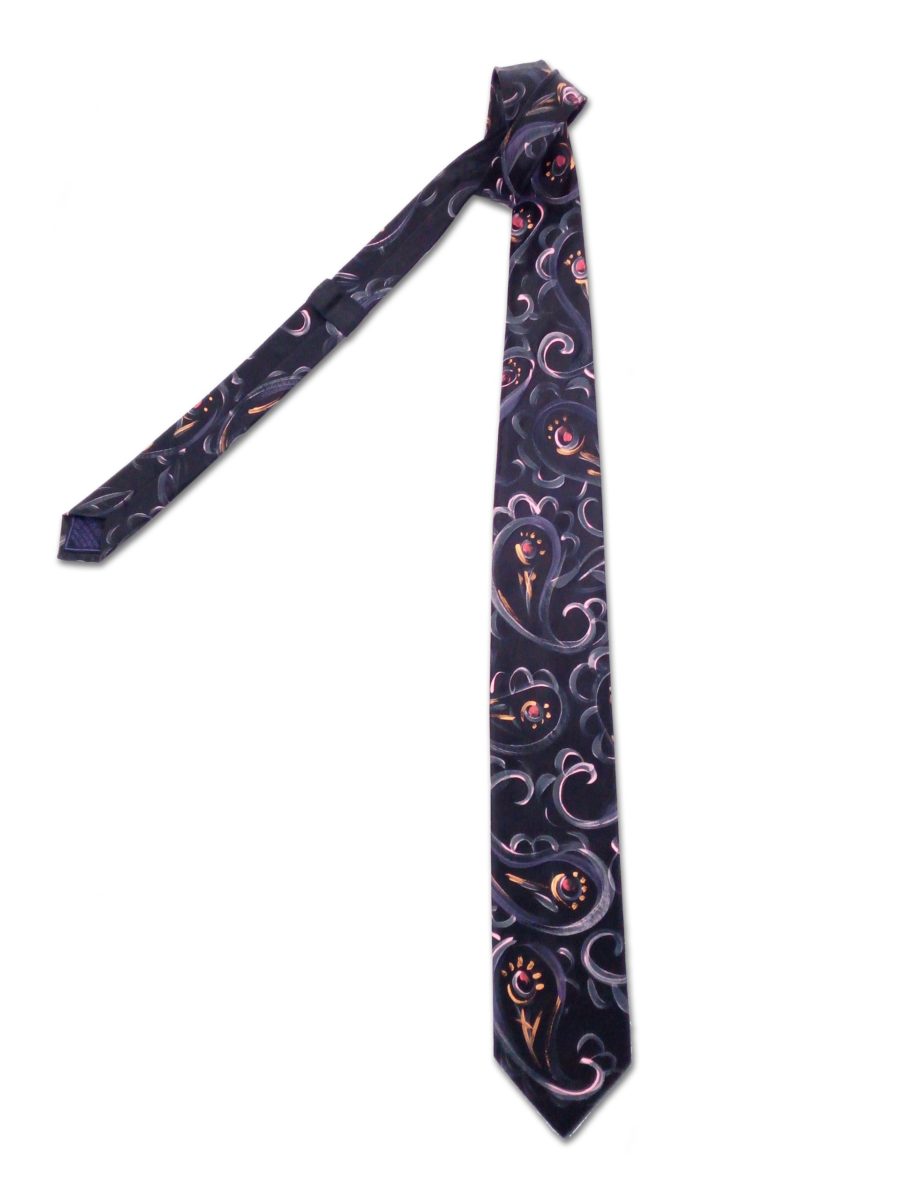 Hand painted tie with gold and bronze paisley design