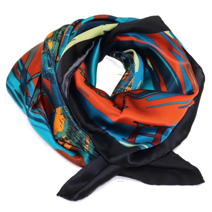 Green, orange and black women silk headscarf with fantasy, matching silk box included 419421-5
