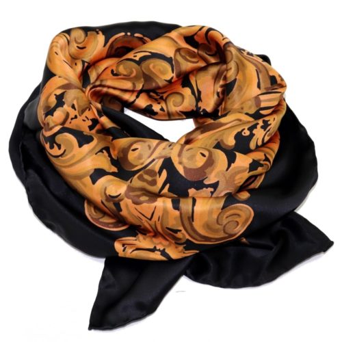 Gold and black Women silk headscarf with fantasy, matching silk box included 418304-6