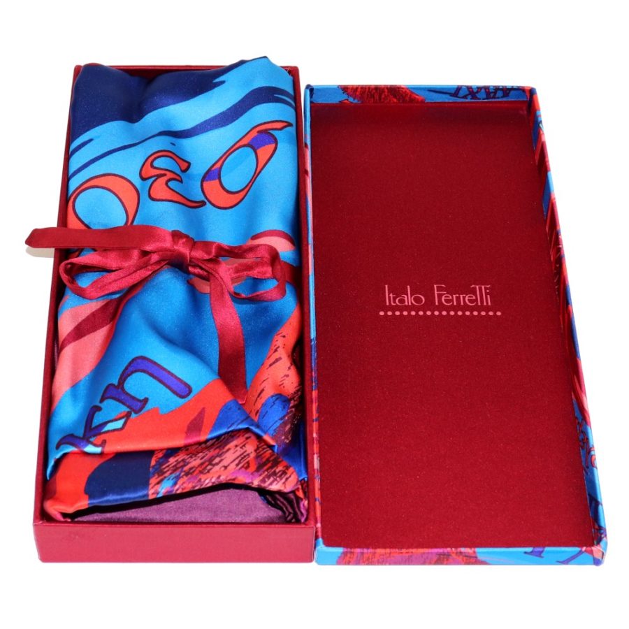 Women silk headscarf in red and blue with fantasy, matching silk box included 419421-3