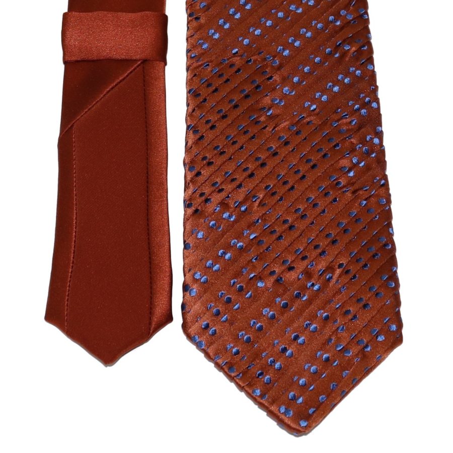 Sartorial pleated silk tie brown and blue polka dots 919008-001