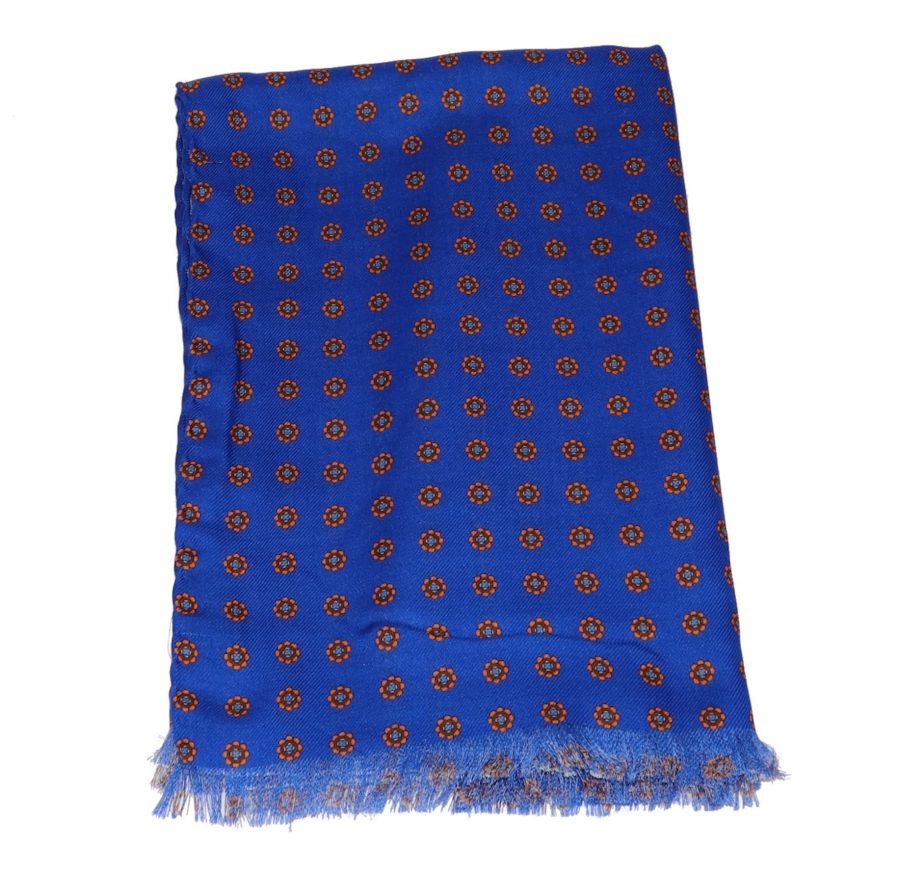 Sartorial fringed scarf, cashmere and silk, blue and orange, made in Italy