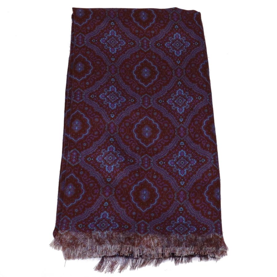 Sartorial fringed scarf, cashmere and silk, blue and orange, made in Italy