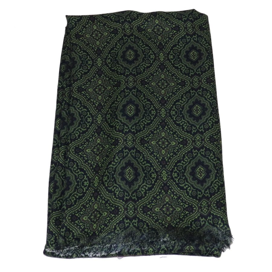 Sartorial fringed scarf, cashmere and silk, green and black, made in Italy