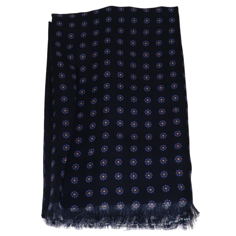 Sartorial fringed scarf, cashmere and silk, black and royal blue, made in Italy