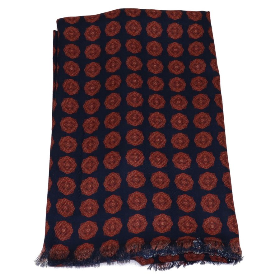 Sartorial fringed scarf, cashmere and silk, brown and blue, made in Italy