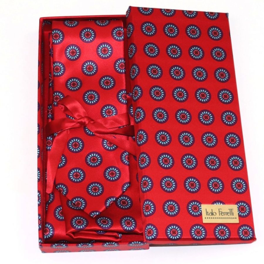 Red shades fantasy patterned sartorial silk tie and pocket square set, matching silk box included 416084-7