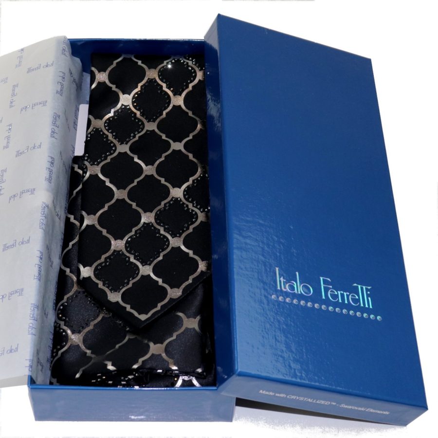 Black and metallic printed web pattern sartorial silk Tie and Pocket square Set with Swarovski rhinestones 18007-12 S058