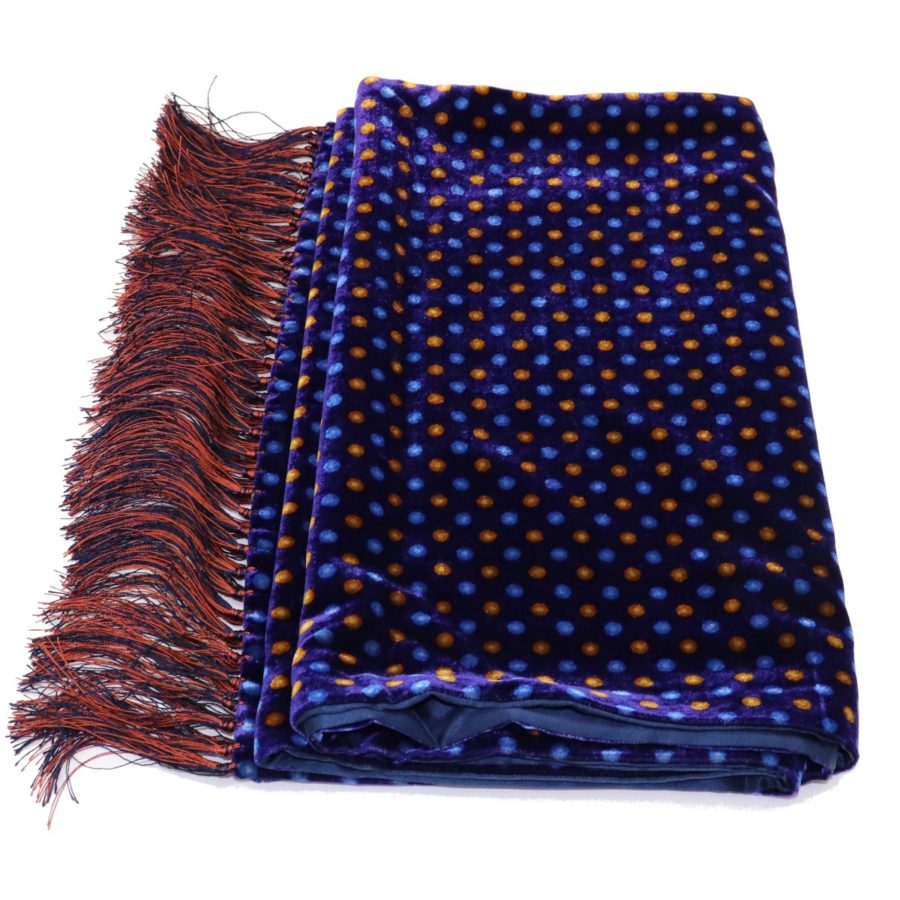 Double-sided blue velvet and blue silk sartorial fringed scarf 419356-04 18006-14