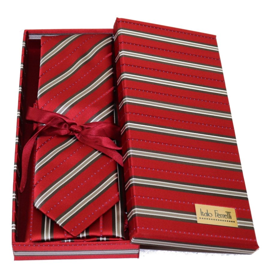 Red regimental sartorial silk tie and pocket square set, matching silk box included 412636-01