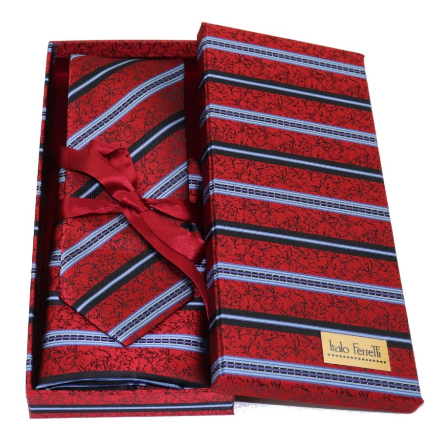 Red regimental sartorial silk tie and pocket square set, matching silk box included 412633-02