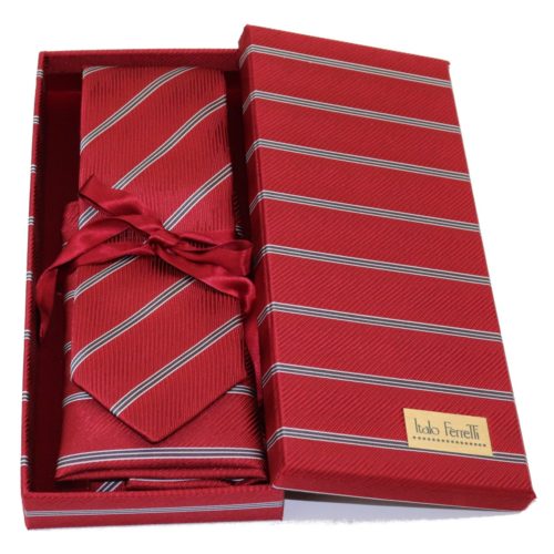 Red regimental sartorial silk tie and pocket square set, matching silk box included 417606-01