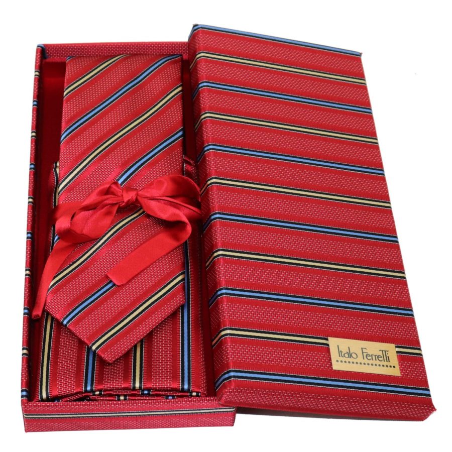 Red regimental sartorial silk tie and pocket square set, matching silk box included 413630-01