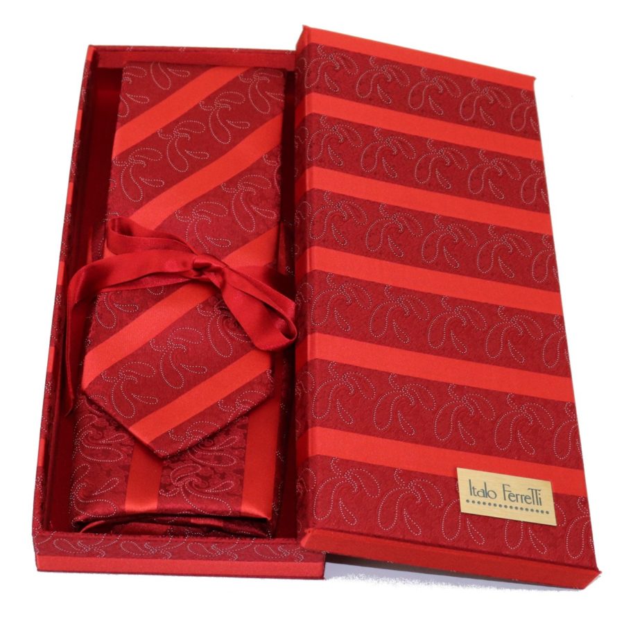 Red regimental sartorial silk tie and pocket square set, matching silk box included 413643-03